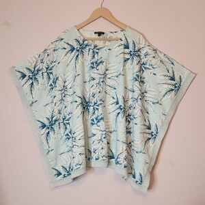 CYNTHIA ROWLEY Linen Blend Blue and White Tropical Leaf Pattern Poncho, size M